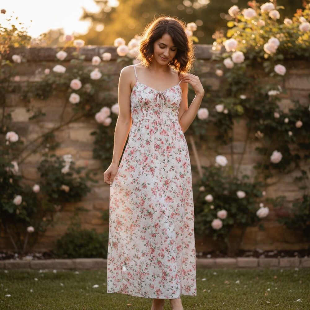 Inspired Hearts Floral Maxi Dress L Cottagecore Coquette Milkmaid Slit White